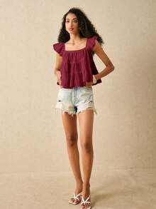 SHEIN Frenchy Women's Solid Color Square Neck Ruffle Hem Blouse,Summer Top - Burgundy - View 5