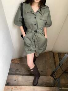 DAZY 女款純色領口連身褲，韓式休閒套裝，夏季女款連身短褲 - 軍綠色 - 查看 5