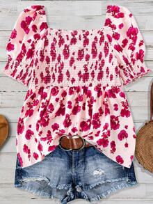 Linhara Square Neck Puff Sleeve Vintage Ditsy Floral Waist Cinched Shorts Plus Size Blouse - Pink - View 2