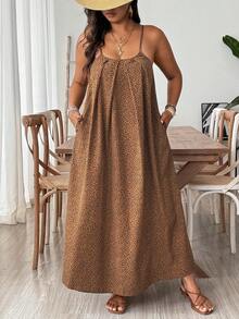 SHEIN VCAY Vestido de alças feminino plus size com estampa de leopardo, estilo férias, vestido de verão feminino - Castanho - Ver 6