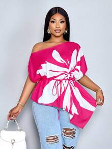 SOLERSUN Women's Plus Size Elegant Pink Floral Summer Blouse, Loose One-Shoulder Asymmetrical Hem Slanted Collar Drawstring Tie-Waist Casual Fashion Top - Hot Pink - View 4