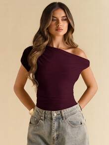 SHEIN BAE Body de mujer de unicolor con hombro asimétrico, manga corta y fruncido - Granate - Ver 5