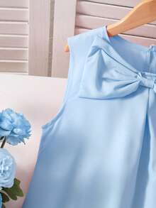 Girls' Elegant Sleeveless Dress With Bowknot Decor And Ruffle Hem, Children's Graceful Red Sleeveless Dress, Suitable For Spring And Summer - Mint Blue - View 4