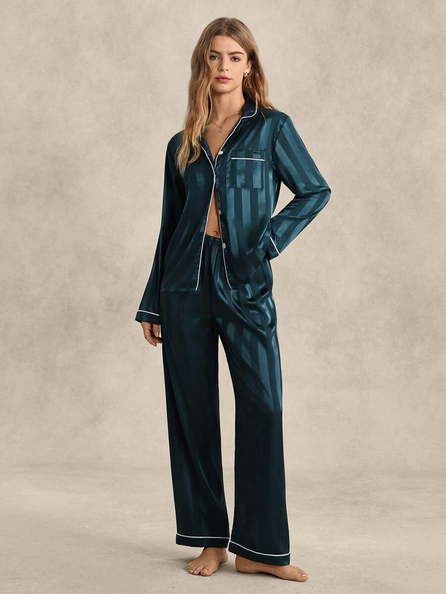 EverLounge Contrast Piping Satin Pajama Set, Fall Winter Clothes - Teal Blue - View 1