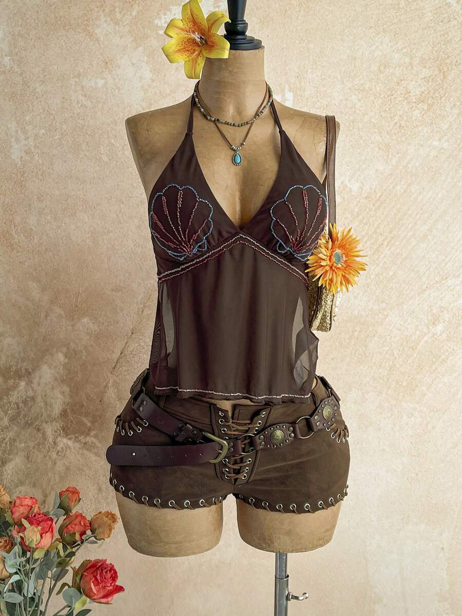 Soleia 女款棕色夏季度假海灘派對波西米亞風西部音樂節串珠刺繡手工趣味海星圖案網眼針織掛脖露背上衣,女款節慶穿搭外穿上衣 - 棕色 - 查看 1