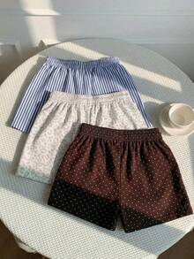 SHEIN EZwear Bộ 3 chiếc quần short nữ thoải mái, phong cách cổ điển thanh lịch, đa năng, màu xanh dương ấm áp, sọc trắng và chấm bi nâu, thích hợp mặc đi biển/nghỉ mát, mùa hè, chất liệu vải dệt. - Nhiều màu - Xem 2