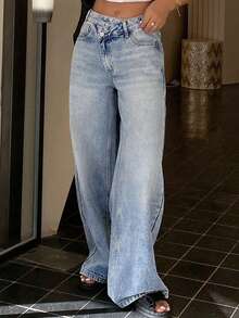DAZY Quần jeans nữ cạp thấp, ống thẳng, có túi - Rửa nhẹ - Xem 5