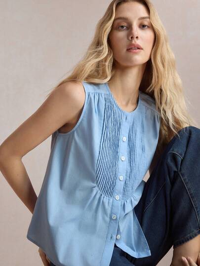 BizChic Women's Casual Solid Color Round Neck Shirt, 90s Retro Style, Sleeveless Off-Shoulder Design, Striped Craftsmanship, Basic Daily Outfit, Elegant Spring/Summer Casual Blue Top, Suitable For Women's Vacation, Summer Leisure, Beach Outings, Brunch, Outings, Dates, Commuting, Business, Workplace, Social Occasions