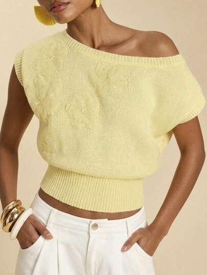 Travachic Women's Summer Casual Vacation Style Solid Color Embroidered Mesh Applique Asymmetrical Hem Wide Crop Knit Top