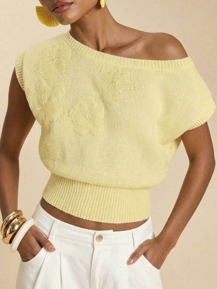 Travachic Damen Sommer Lässig Urlaubsstil einfarbiges Shirt mit bestickter Mesh-Applikation und asymmetrischem Saum, weites Cropped Strickoberteil - Gelb - Übersicht 1