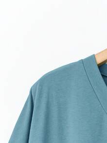 SHEIN LUNE Áo mùa hè cỡ lớn màu xanh lá cây dành cho nữ, cổ chữ V, có túi, chất liệu cotton. - Màu xanh lam - Xem 5