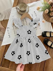 SHEIN LMoss Kids 女婴条纹碎花方领荷叶边下摆休闲连衣裙 - 黑與白 - 查看 2