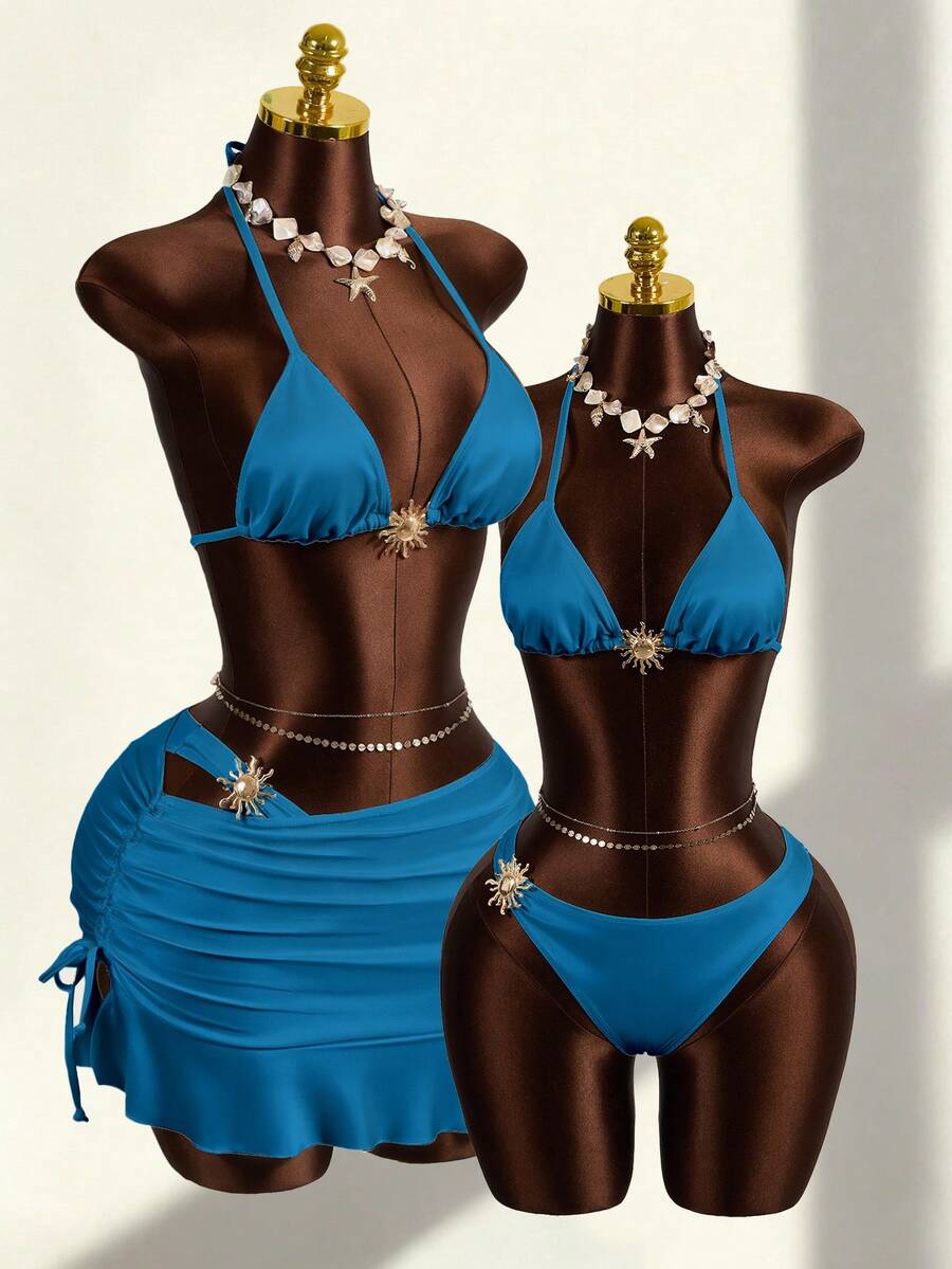 Zestiva Conjunto de Maiô Sexy de Alta Qualidade com Decoração Solar em Cor Sólida, Adequado para Férias na Praia - Azul petróleo - Visão 1