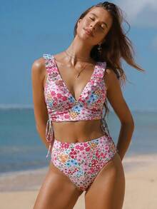 Swim Vcay Bộ bikini hai dây họa tiết hoa nhí dành cho nữ, thích hợp cho kỳ nghỉ biển lãng mạn. - Hồng - Xem 3