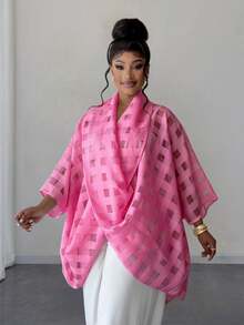 Maweii Plus Size Summer Plaid Loose Twist Knot Collared Shirt - Hot Pink - View 5