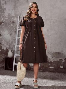 EMERY One Size Solid Color Button Front Casual Summer Dress - Brown - View 4