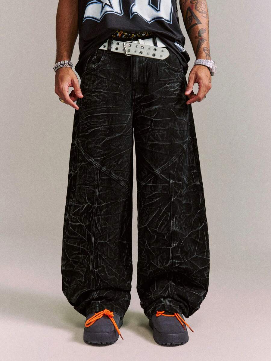 CRAVYNX Pleated Design Distressed Washed Black Denim Wide Leg Hiphop Jeans - Black - View 1