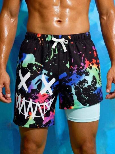 SHEIN Kids/Tween Boys' Casual Versatile Comfortable Yellow Duck Print Loose Patchwork Lining Swim Trunks Beach Shorts