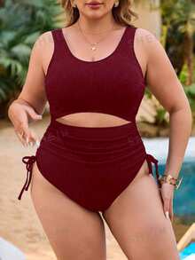 SHEIN Navy Blue Plus Size One-Piece Swimsuit With Cover-Up Set For Leisure & Vacation - Red Violet - View 5
