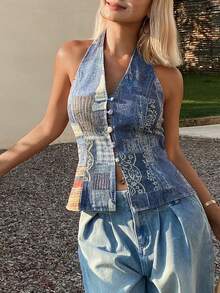 Livesso Áo sơ mi denim nữ họa tiết hoa, kiểu dáng đơn giản, cổ yếm. - Màu xanh lam - Xem 6