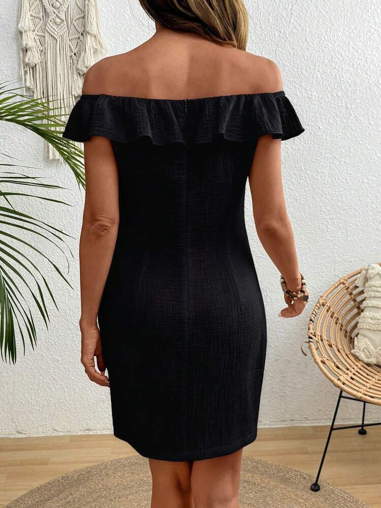 EMERY ROSE Women's Summer New Casual Vacation Off Shoulder Ruffle Hem Short Dress - Black - View 2