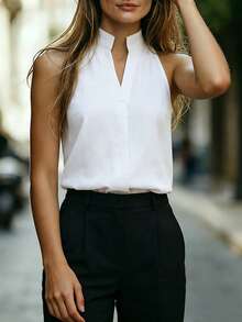EMERY ROSE Women's Sleeveless Stand Collar Pure Cotton Shirt, Multifunctional And Slimming - White - View 3