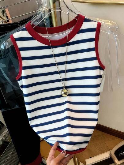 Everyssa Retro gestreept vest in kleurblokken, casual en veelzijdig, in Franse stijl, ideaal voor woon-werkverkeer.