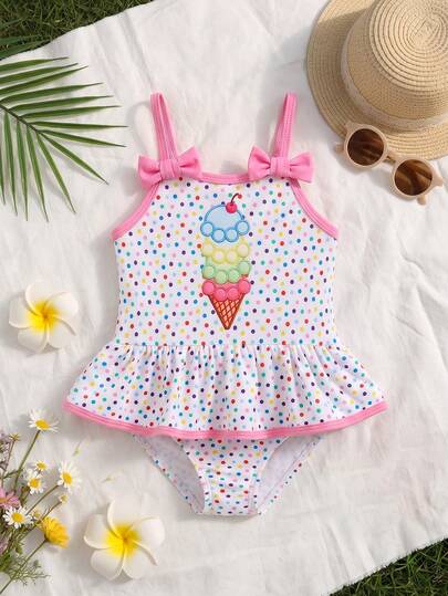 SHEIN Baby Girl Knitted Polka Dot Ice Cream Pattern Romper Swimsuit
