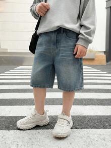 Tween Boy Casual Versatile Denim Shorts With Pockets - Medium Wash - View 5