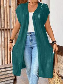 SHEIN LUNE CURVE Plus Size Women's Sleeveless Hollow Out Long Cardigan, Lightweight, Suitable For Vacation, Commute, St. Patrick's Day, Spring/Summer - Teal Blue - View 8