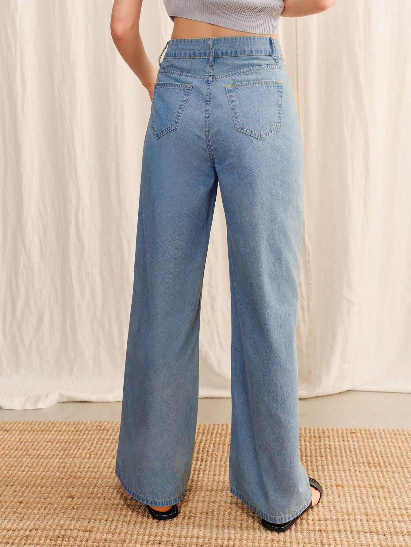 Light Blue Mid-Waisted Wide-Leg Jeans With Vintage Wash Spring Summer Lightweight Denim Casual Outfit Work Outfit Going Out Cotton Pants