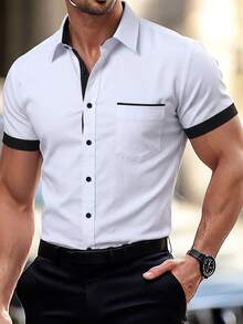 Manfinity Bizformal 男士撞色滚边纽扣拼接短袖衬衫，夏季 - 白色 - 查看 1