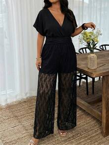 Weeklong Plus Size Women's Casual Lace Patchwork Crossed V-Neck Jumpsuit, Suitable For Spring/Summer Holiday - Black - View 4