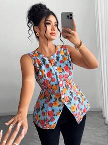 Elenzga Áo kiểu dáng thanh lịch, cỡ lớn, cổ tròn, in hoa, ôm sát, không tay, mở phía trước, áo mùa hè, áo kiểu hoa mùa hè cho nữ, áo đi nghỉ mát sành điệu, trang phục mùa hè cho nữ, áo kiểu thanh lịch cho nữ, áo kiểu thường ngày cho nữ, áo hoa. - Nhiều màu - Xem 2