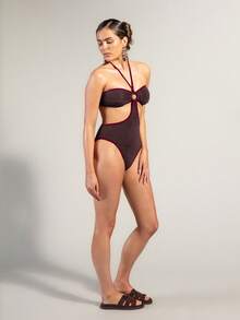 Rouah Traje de baño de una pieza con escote halter y recortes de color contrastante para mujer - Traje de baño, ropa de playa, vacaciones, día de piscina, día de playa - Marrón - Ver 6