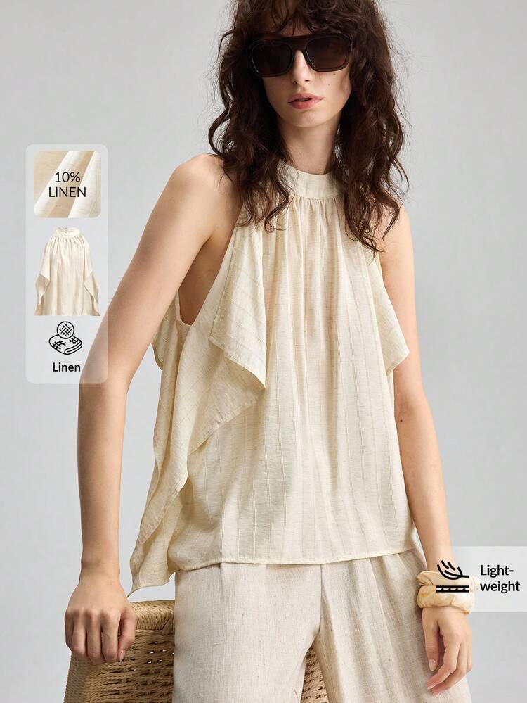 Women's Comfortable Linen-Like Fabric Sleeveless Loose Fit Tank Top, Versatile Halter Neck Design, Suitable For All Seasons, Modern Urban Casual Business Wear, High-Quality Fabric, Elegant And Refined Office Commuter Airport Fashion All-Season Bohemian Style Vacation Outfits Seaside Women's Clothing, Country Music Concert Style, Western Style Clothing, Nomadic Casual Fashion Boho High-End, Elegant, Old-Fashioned Cruise Attire For Wedding Guests