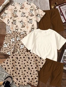 [Bộ sản phẩm phổ biến: 3 món (Áo phông & Quần legging) trong một] Họa tiết báo đốm nơ cổ điển và thỏ hoạt hình dễ thương, thích hợp cho mùa tựu trường, màu kaki, phong cách Mori Girl ngọt ngào retro, graffiti, nữ tính, thoải mái, Y2K, bộ áo phông tay ngắn rộng rãi và quần legging cho bé gái tuổi teen, bộ 3 món, thích hợp cho mùa hè. - Nhiều màu - Xem 2
