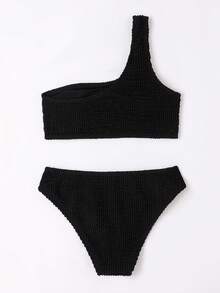 SHEIN Tween Girls' Solid Color Textured One Shoulder Bikini Set,Black Summer Modest Beach Holiday Holiday 2 Pieces Bathing Suit Swim Suits - Black - View 2