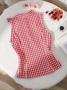 Sweetra Áo kiểu dáng đồng quê Pháp cổ điển, kẻ caro đỏ, thắt nơ, dáng rộng lãng mạn, thích hợp cho mùa xuân ngọt ngào dành cho phái nữ. - Màu Đỏ Sâu - Xem 3