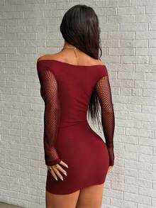 SHEIN Jeanoir 女士性感黑色长袖迷你紧身连衣裙 - 酒紅色 - 查看 2