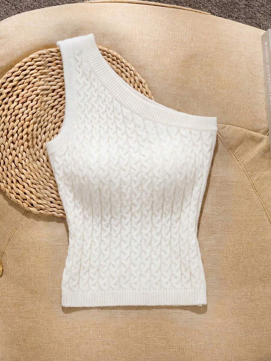SHEIN Franclia 女士不规则肩部白色弹力紧身针织套头开衫，时尚休闲，性感优雅，夏季白色服装，日常穿着，适合婚礼、晚宴、通勤、毕业派对、节日活动、度假、约会、派对、万圣节、圣诞节、新年、感恩节等场合，是夏季女士服装、夏季上衣和女士露脐上衣的理想之选。 - 白色 - 查看 1