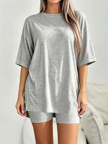 INAWLY Solva Women's Solid Color Short Sleeve Top And Shorts Casual Daily Outfit - Grey - View 6