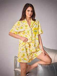 LOONEY TUNES X SHEIN Women's Cartoon Print Button-Up Short Sleeve Top And Shorts Casual Loungewear Pajama Set - Yellow - View 1