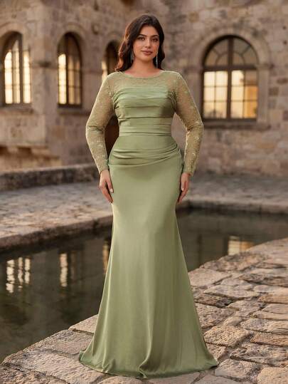 Aureia Plus Size Elegant Romantic Green Woven Matte Luxurious Lace Splice Off-Shoulder Strapless Fitted Fishtail Bridesmaid Dress