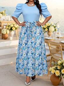 Fleurora Summer Elegant Blue And White Tea Party Floral Print Patchwork Dress,Women Plus Size Round Neck Flared Leg-Of-Mutton Sleeve Belted Office Work Dress - Blue - View 3