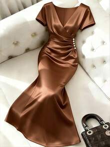 Franclia Plus Size Women Elegant Ruched Pearl Button Decor Short Sleeve Fishtail Dress, Spring/Summer - Coffee Brown - View 4