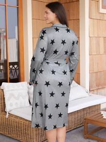 Doze Lane Plus Size American Casual Star Print V-Neck Short Sleeve Robe For Women - Grey - View 2