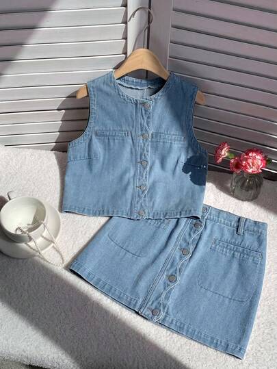 Comfortcana Plus Size Denim Vest & Skirt 2 Pieces Set