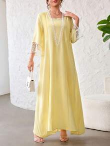 Yasmyna Romantic Lace Patchwork Ruffle Long Sleeve Loose Flowy Slimming Elegant Lady Date Dress - Yellow - View 7