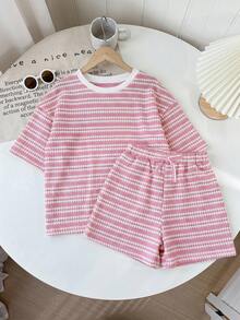 SHEIN LMoss 青少年女孩純色針織短袖上衣與寬鬆短褲休閒2件套 - 粉色 - 查看 6